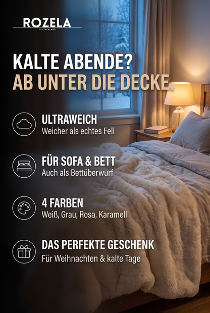 Flauschige Kuscheldecke in Fell-Optik auf dem Bett – 4 Farben