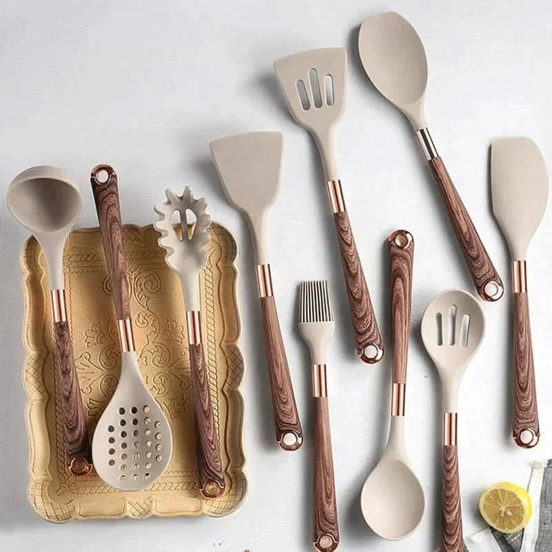Silikon-Küchenutensilien-Set 10-teilig mit Holzgriffen