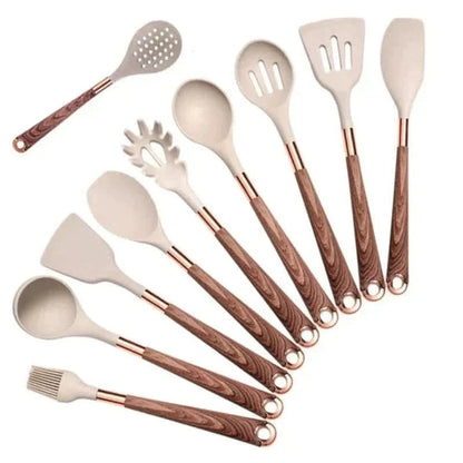 Silikon-Küchenutensilien-Set 10-teilig mit Holzgriffen