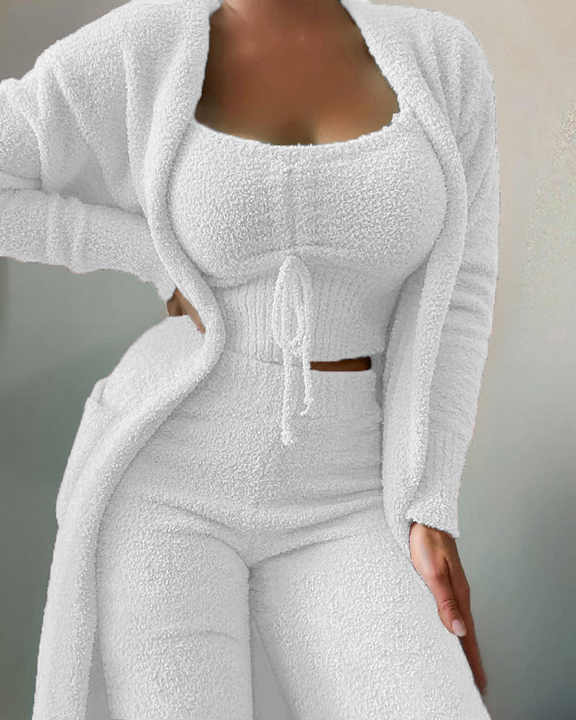 50% RABATT | Nieves™ - Damen Lounge Set 3-teilig – High-Waist Hose, O-Neck Top & Cardigan | Bequem, dehnbar & figurfreundlich