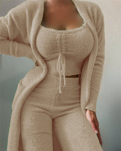 50% RABATT | Nieves™ - Damen Lounge Set 3-teilig – High-Waist Hose, O-Neck Top & Cardigan | Bequem, dehnbar & figurfreundlich