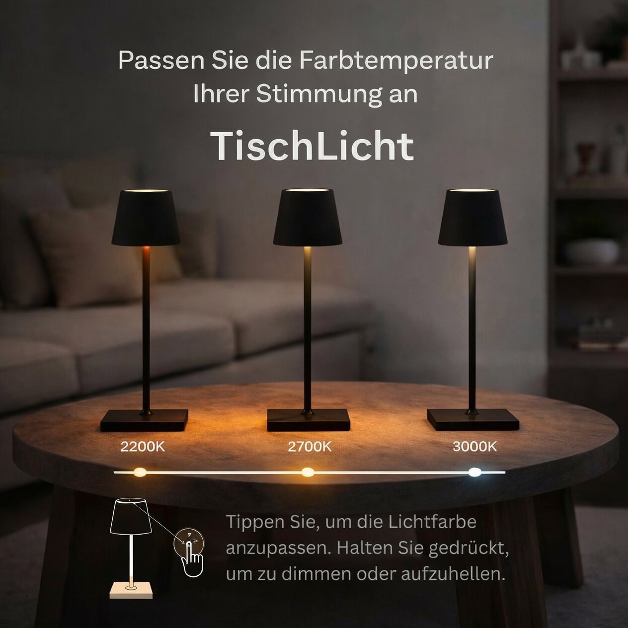 Kabellose Tischlampe | Tischleuchte mit Akku | TischLicht