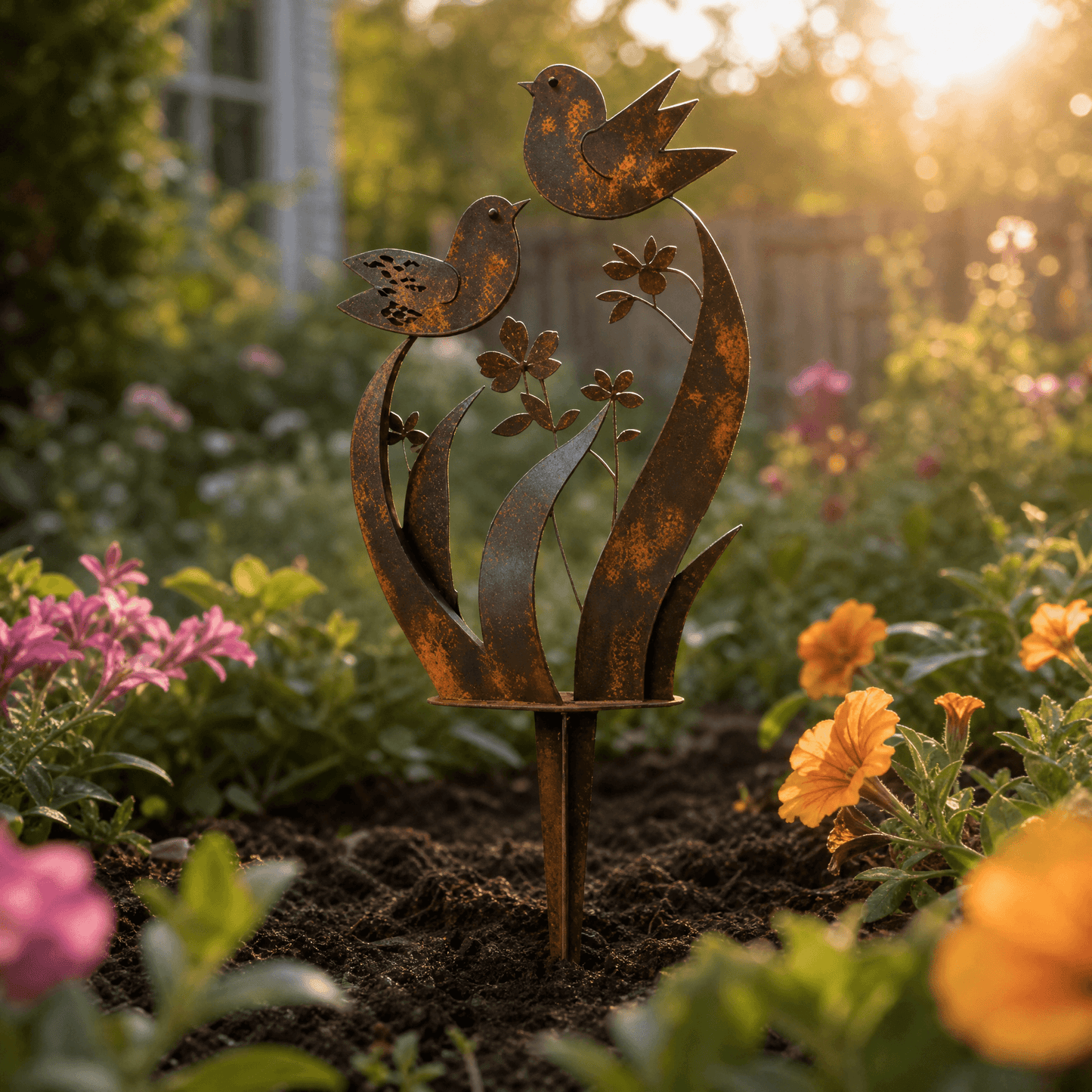 Rustikaler Gartenstecker mit Vogel- & Wildblumenmotiv aus Eisen – in 4 Größen (30–45 cm)