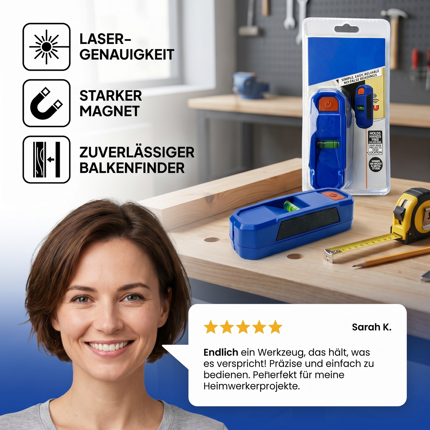 3-in-1 Laserwasserwaage & Balkensucher magnetisch