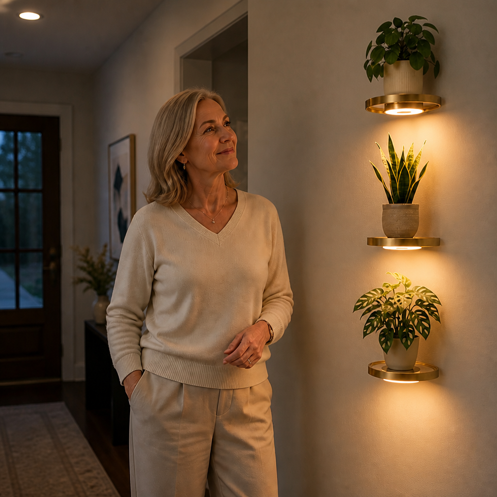 Schwebendes LED-Wandregal mit Gold-Finish und wiederaufladbarer Ambientebeleuchtung für Pflanzen