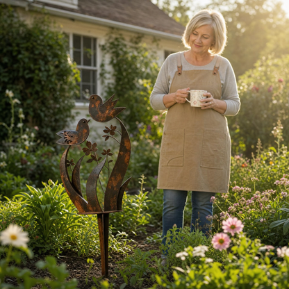 Rustikaler Gartenstecker mit Vogel- & Wildblumenmotiv aus Eisen – in 4 Größen (30–45 cm)