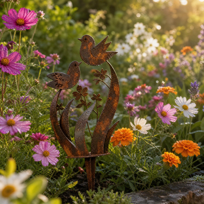 Rustikaler Gartenstecker mit Vogel- & Wildblumenmotiv aus Eisen – in 4 Größen (30–45 cm)