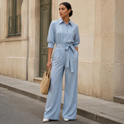Solene – Hemd-Jumpsuit mit weitem Bein, Gürtel und Bindegürtel in der Taille