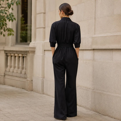 Solene – Hemd-Jumpsuit mit weitem Bein, Gürtel und Bindegürtel in der Taille