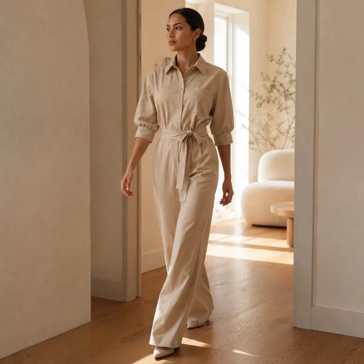 Solene – Hemd-Jumpsuit mit weitem Bein, Gürtel und Bindegürtel in der Taille