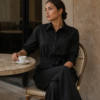 Solene – Hemd-Jumpsuit mit weitem Bein, Gürtel und Bindegürtel in der Taille