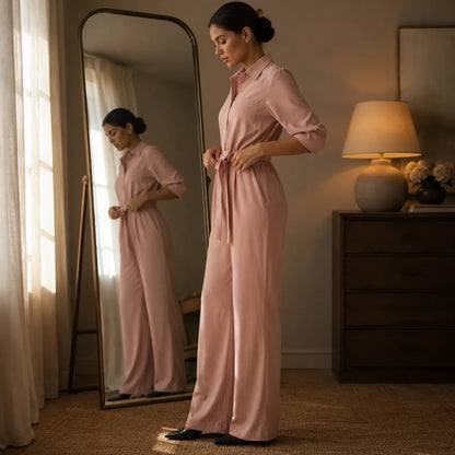 Solene – Hemd-Jumpsuit mit weitem Bein, Gürtel und Bindegürtel in der Taille