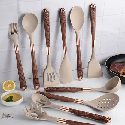 Silikon-Küchenutensilien-Set 10-teilig mit Holzgriffen