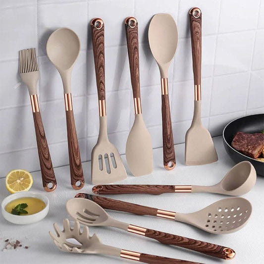 Silikon-Küchenutensilien-Set 10-teilig mit Holzgriffen