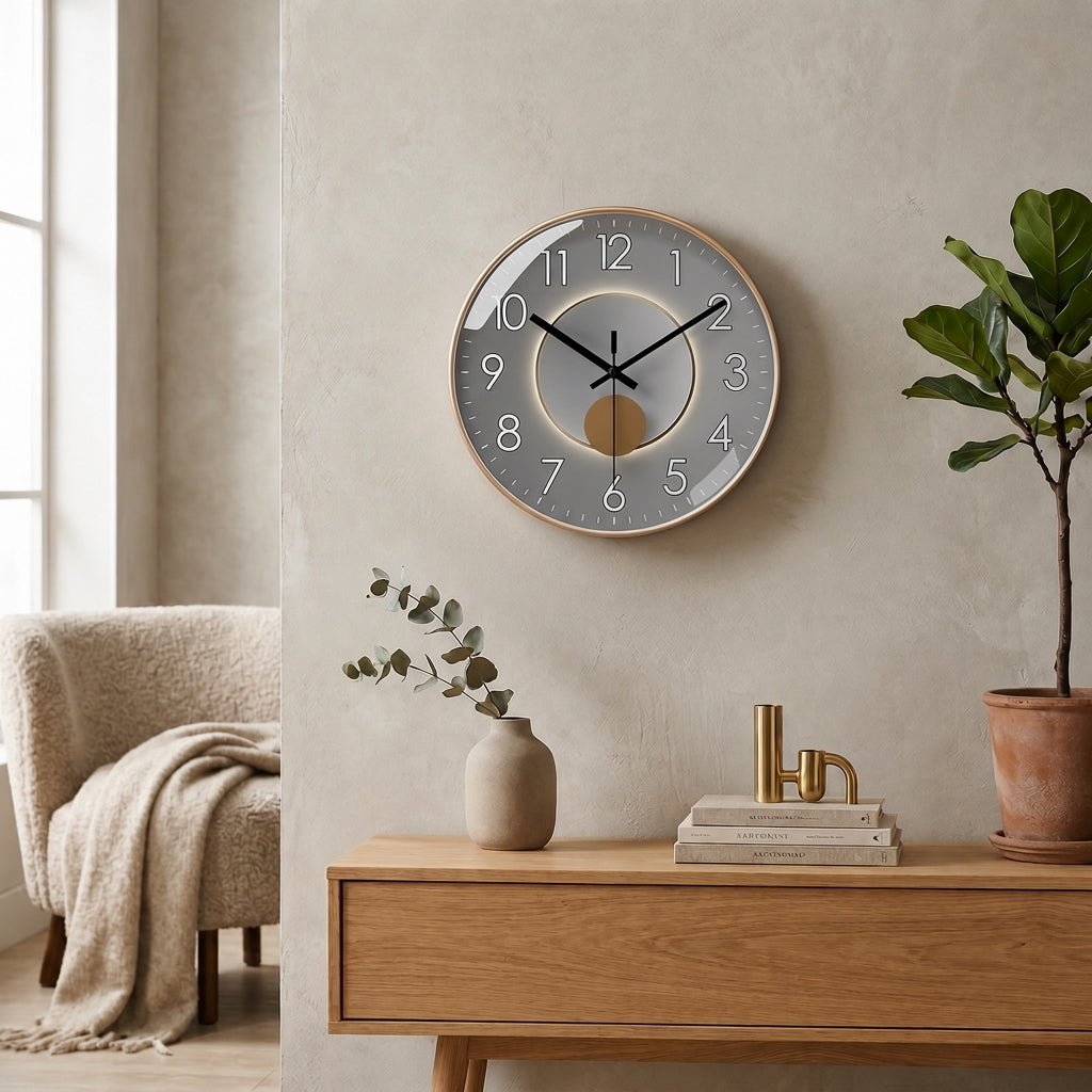 Runde Wanduhr mit dunklem Zifferblatt und 3D-Detail – Ansicht 10