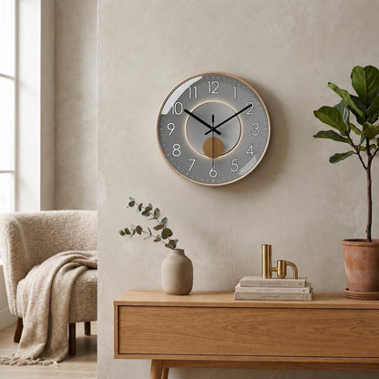 Runde Wanduhr mit dunklem Zifferblatt und 3D-Detail – Ansicht 10