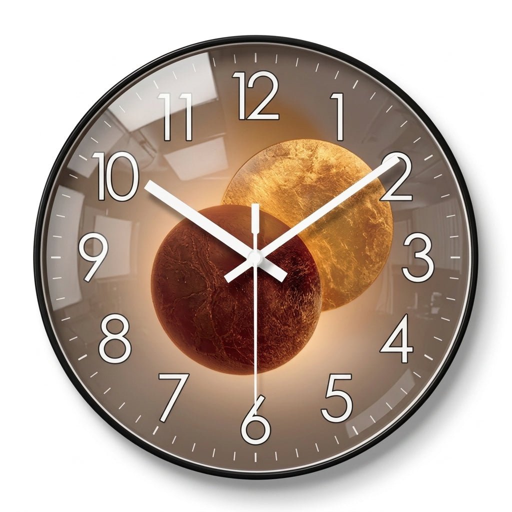 Runde Wanduhr mit dunklem Zifferblatt und 3D-Detail – Ansicht 3
