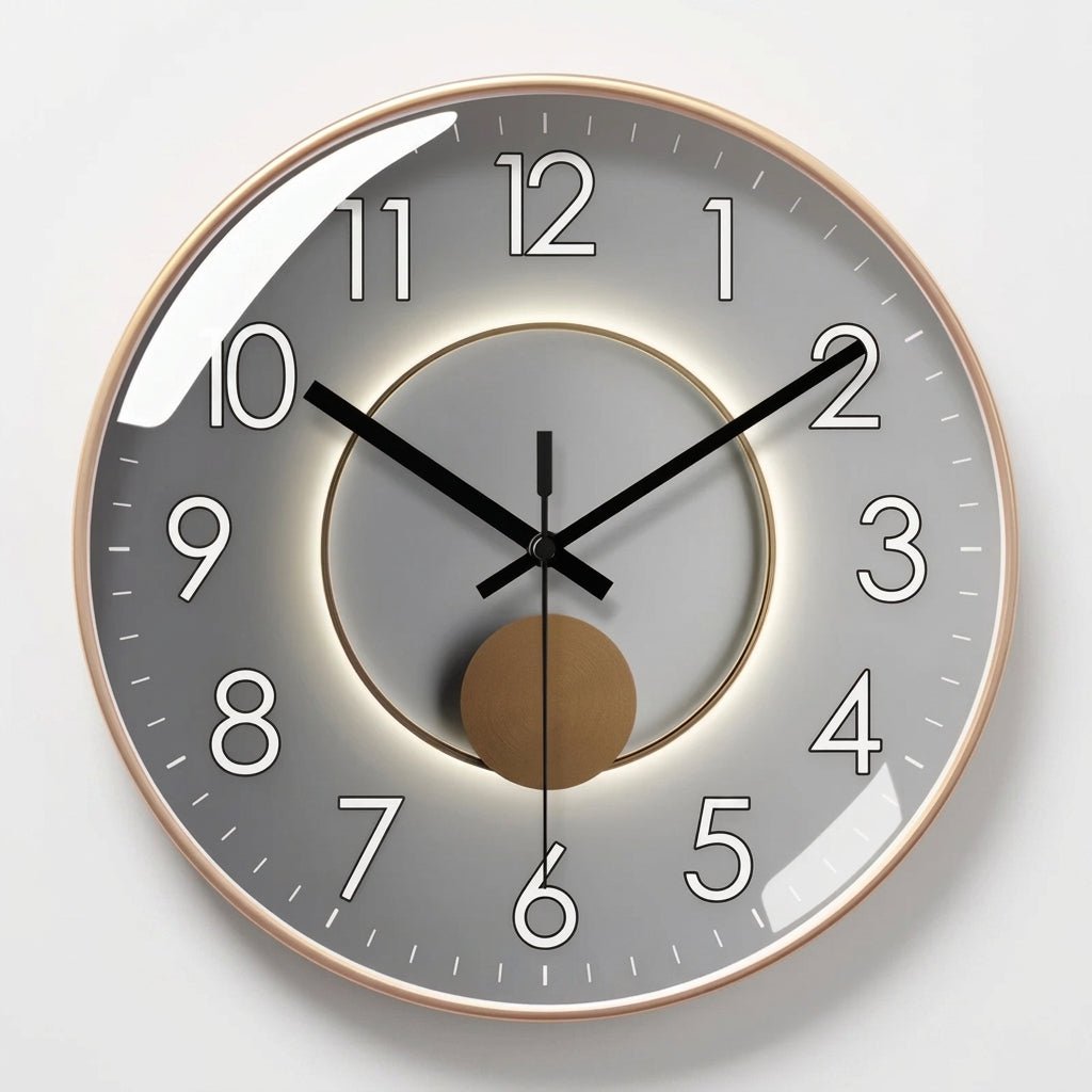 Runde Wanduhr mit dunklem Zifferblatt und 3D-Detail – Ansicht 9