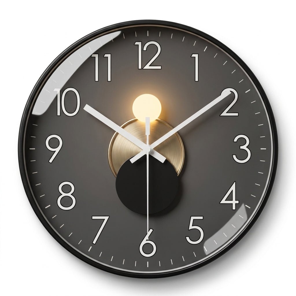 Runde Wanduhr mit dunklem Zifferblatt und 3D-Detail – Ansicht 1