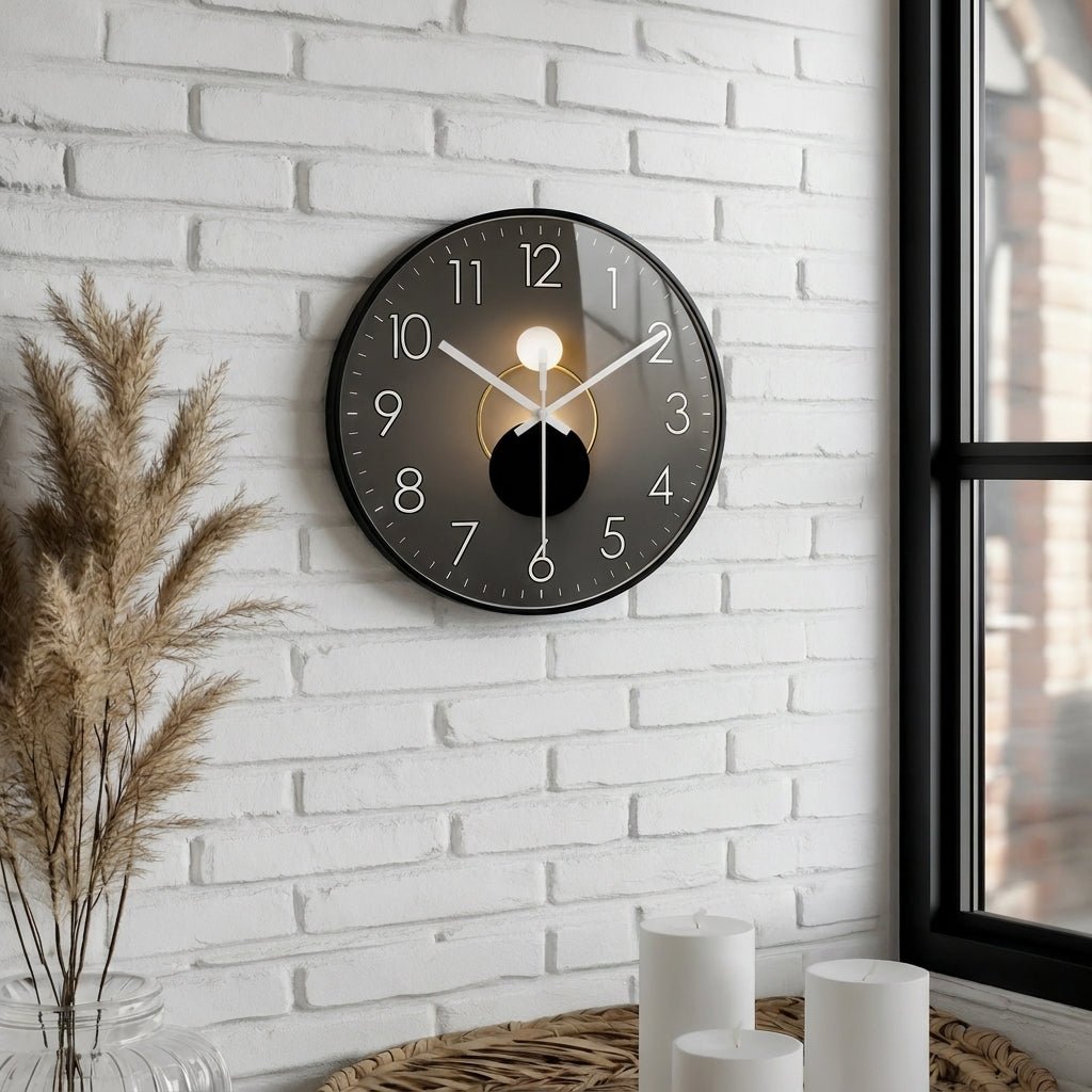 Runde Wanduhr mit dunklem Zifferblatt und 3D-Detail – Ansicht 2