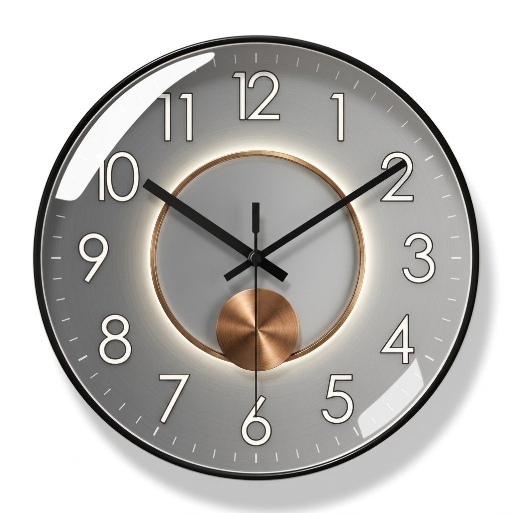 Runde Wanduhr mit dunklem Zifferblatt und 3D-Detail – Ansicht 6