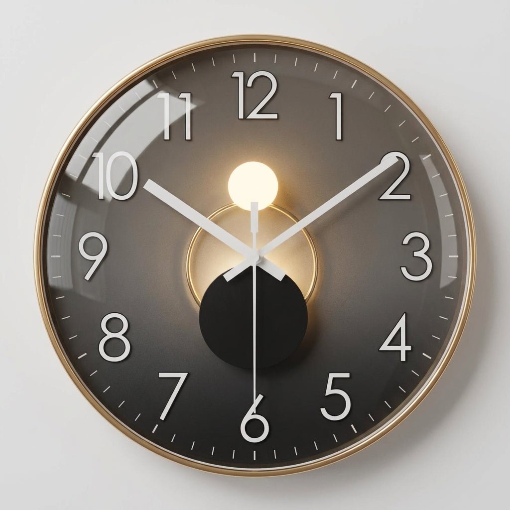 Runde Wanduhr mit dunklem Zifferblatt und 3D-Detail – Ansicht 4