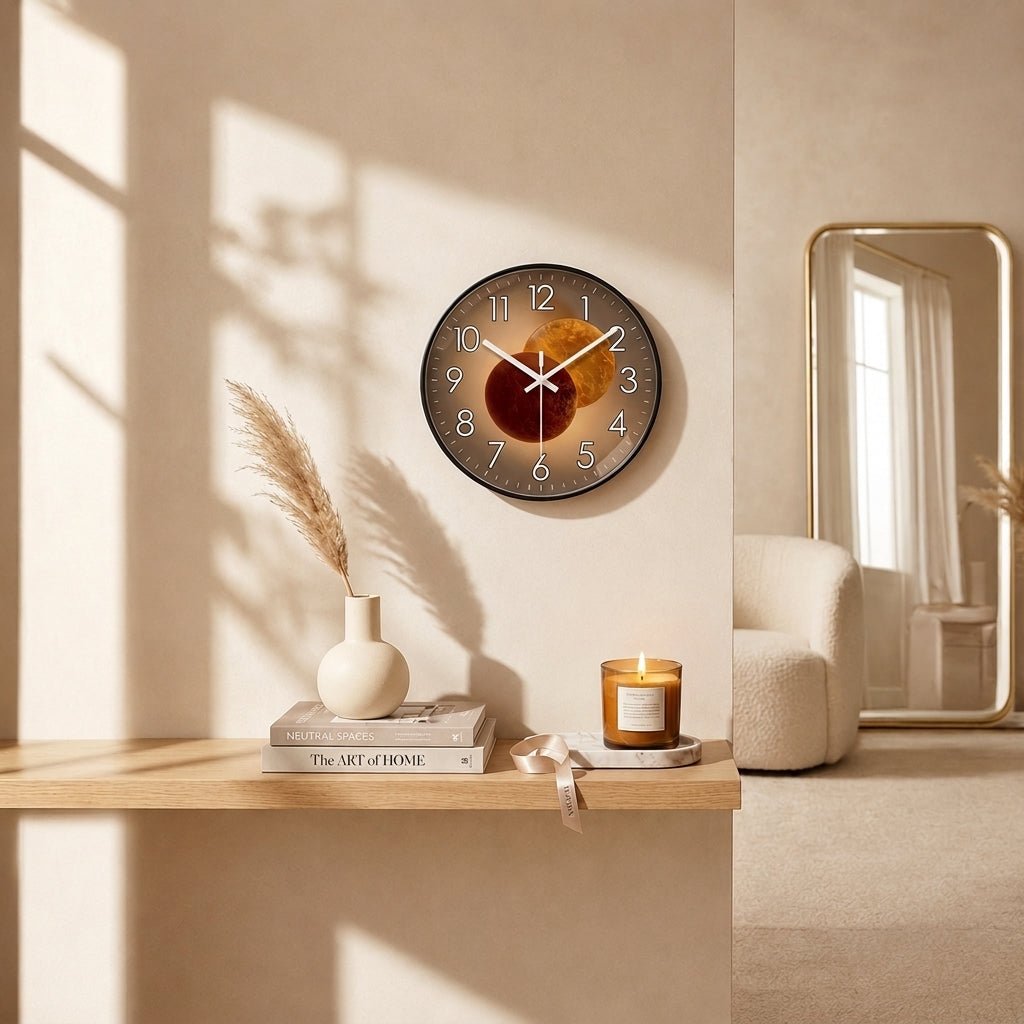 Runde Wanduhr mit dunklem Zifferblatt und 3D-Detail – Ansicht 5