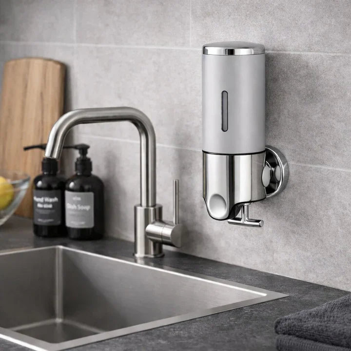 Seifenspender Wandmontage | Spülmittelspender Set | Schwarz, Silber & Transparent | SeifenFlow