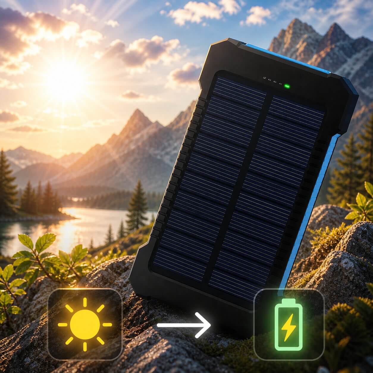 Solar Powerbank | Wasserdichte Powerbank mit LED Taschenlampe | Sonnenquelle