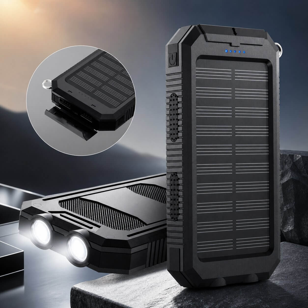 Solar Powerbank | Wasserdichte Powerbank mit LED Taschenlampe | Sonnenquelle