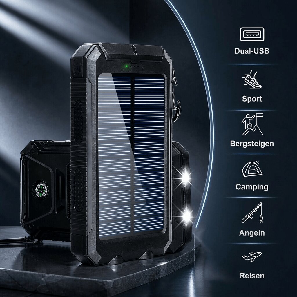 Solar Powerbank | Wasserdichte Powerbank mit LED Taschenlampe | Sonnenquelle