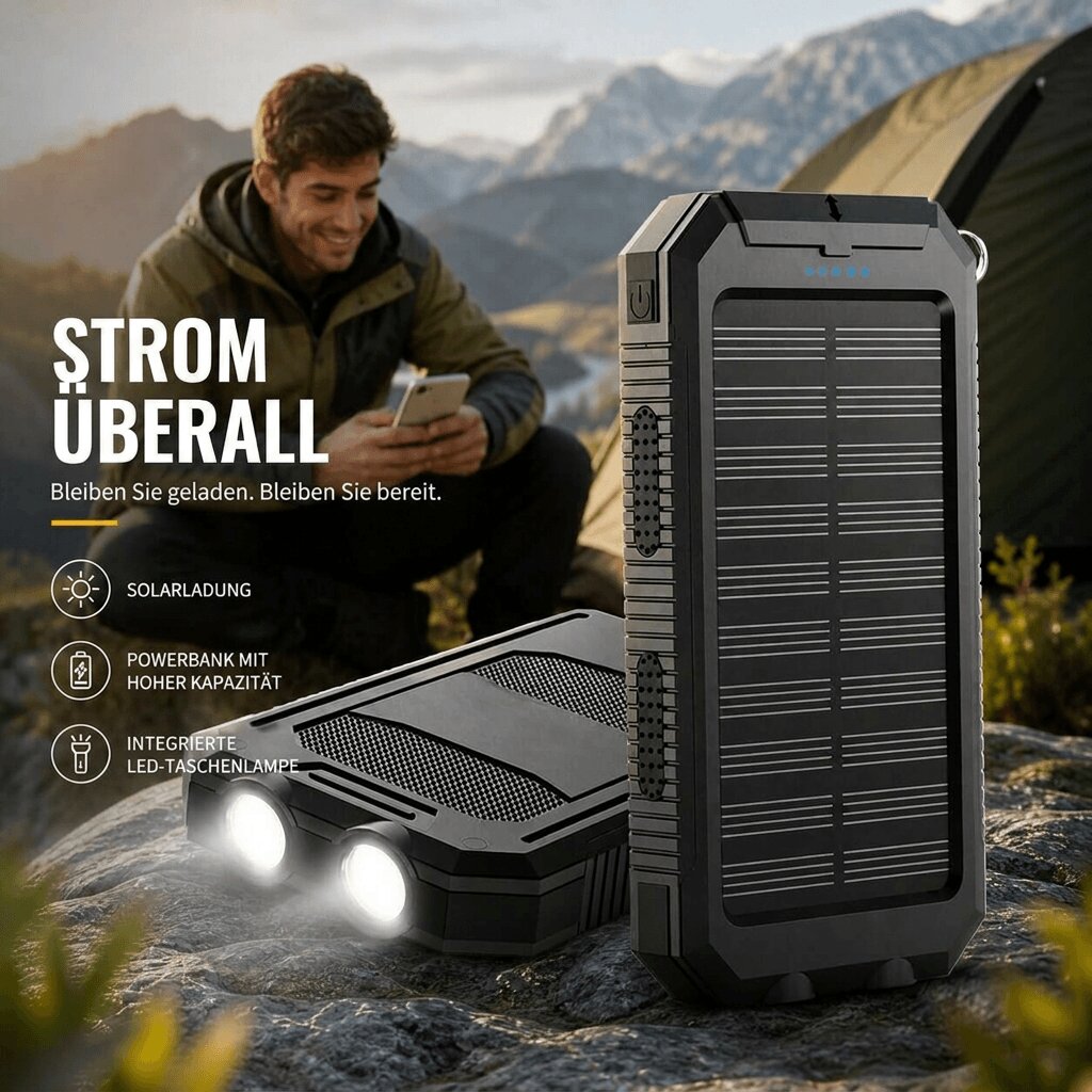 Solar Powerbank | Wasserdichte Powerbank mit LED Taschenlampe | Sonnenquelle