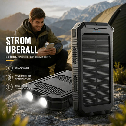 Solar Powerbank | Wasserdichte Powerbank mit LED Taschenlampe | Sonnenquelle