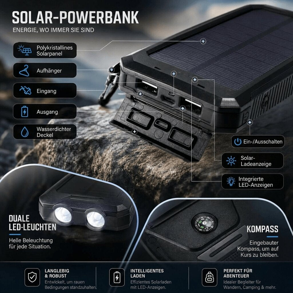 Solar Powerbank | Wasserdichte Powerbank mit LED Taschenlampe | Sonnenquelle