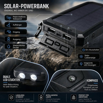 Solar Powerbank | Wasserdichte Powerbank mit LED Taschenlampe | Sonnenquelle
