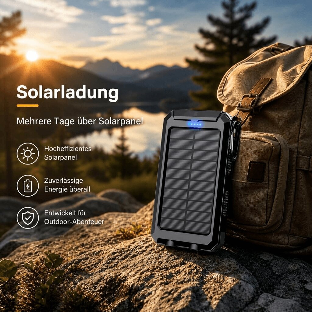Solar Powerbank | Wasserdichte Powerbank mit LED Taschenlampe | Sonnenquelle
