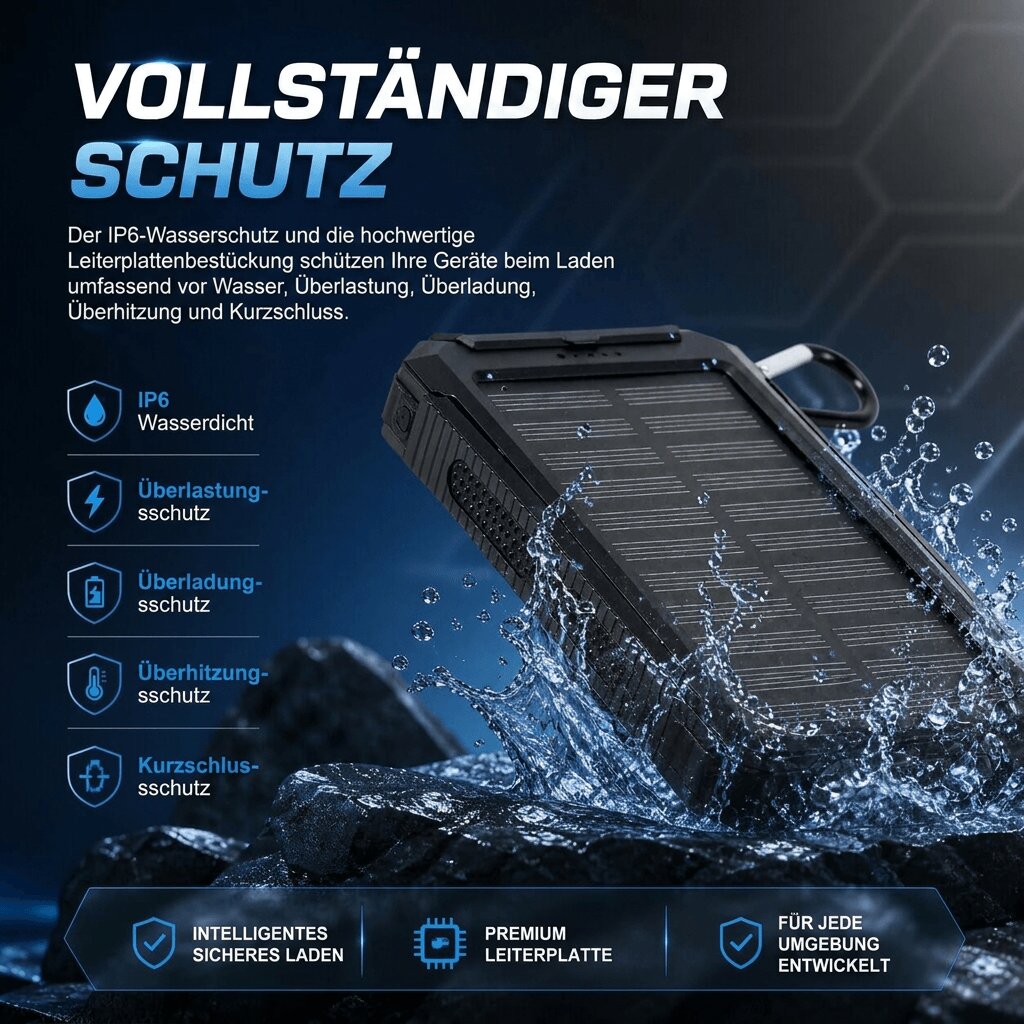 Solar Powerbank | Wasserdichte Powerbank mit LED Taschenlampe | Sonnenquelle
