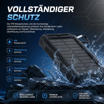 Solar Powerbank | Wasserdichte Powerbank mit LED Taschenlampe | Sonnenquelle