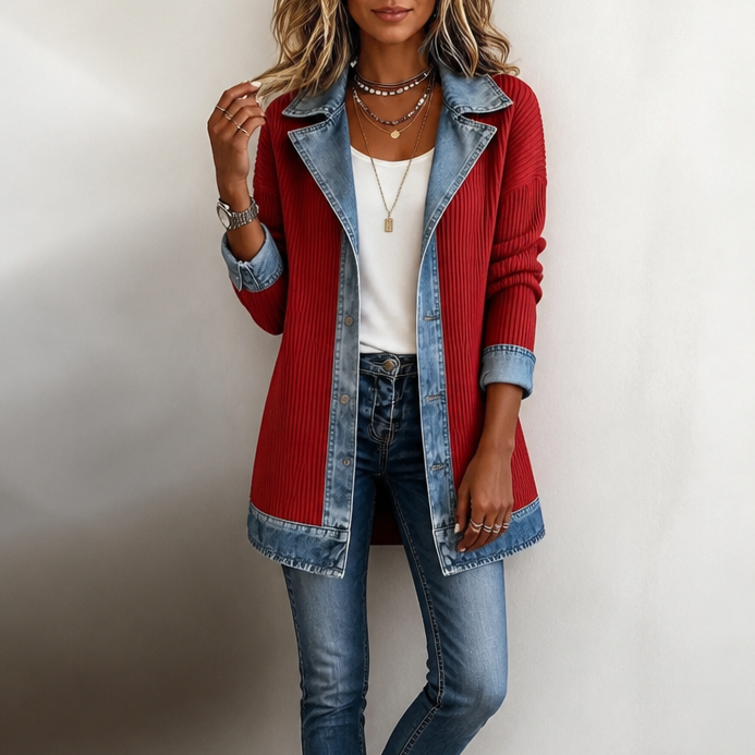 Strickjacke mit Jeans-Panels offener Schnitt | Ribova