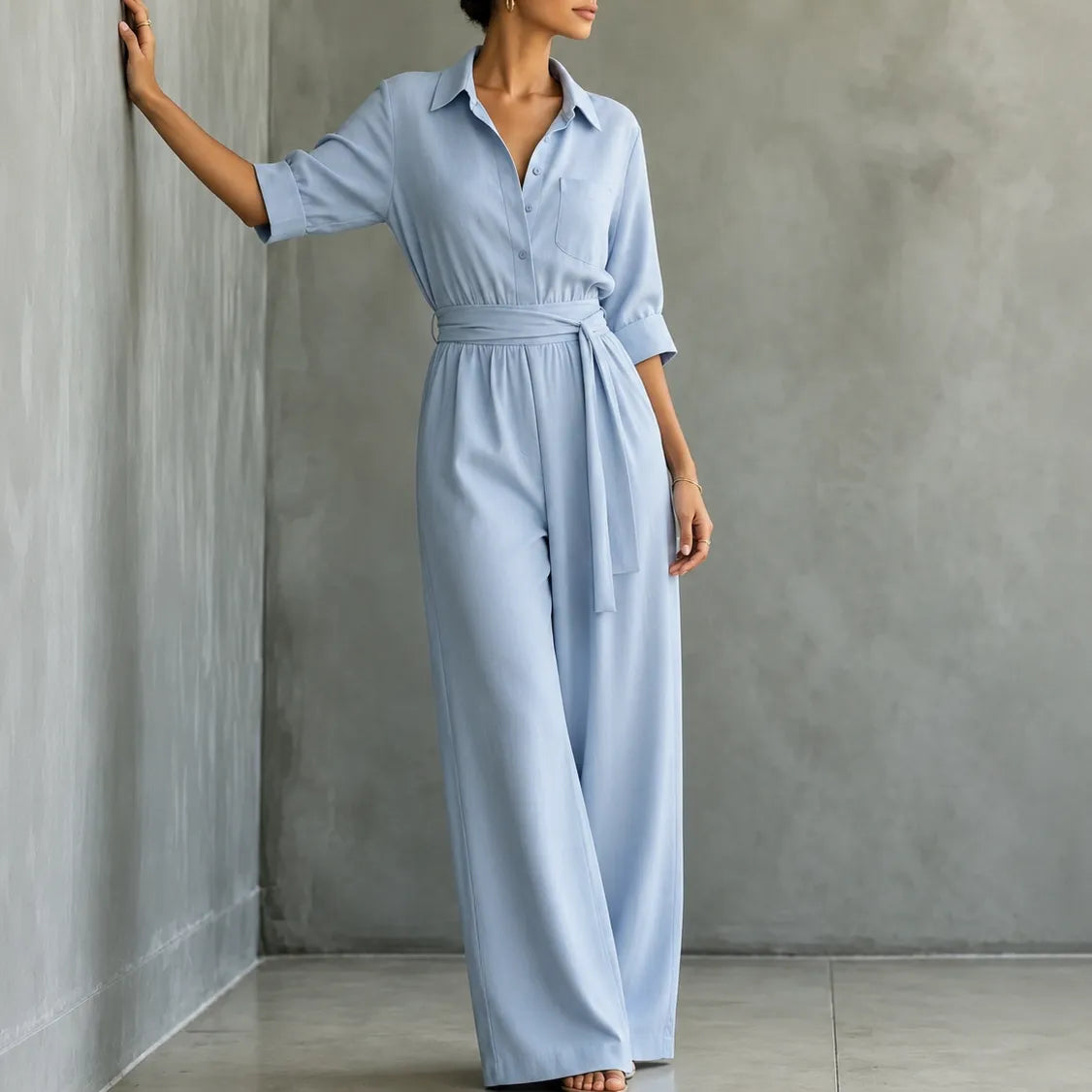 Solene – Hemd-Jumpsuit mit weitem Bein, Gürtel und Bindegürtel in der Taille