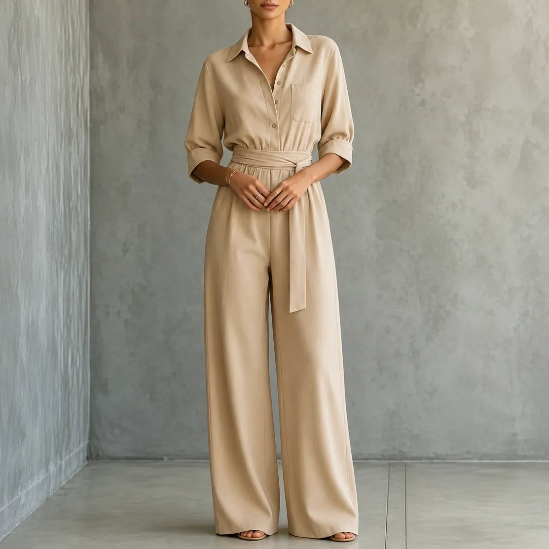 Solene – Hemd-Jumpsuit mit weitem Bein, Gürtel und Bindegürtel in der Taille