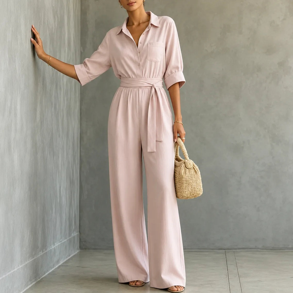 Solene – Hemd-Jumpsuit mit weitem Bein, Gürtel und Bindegürtel in der Taille