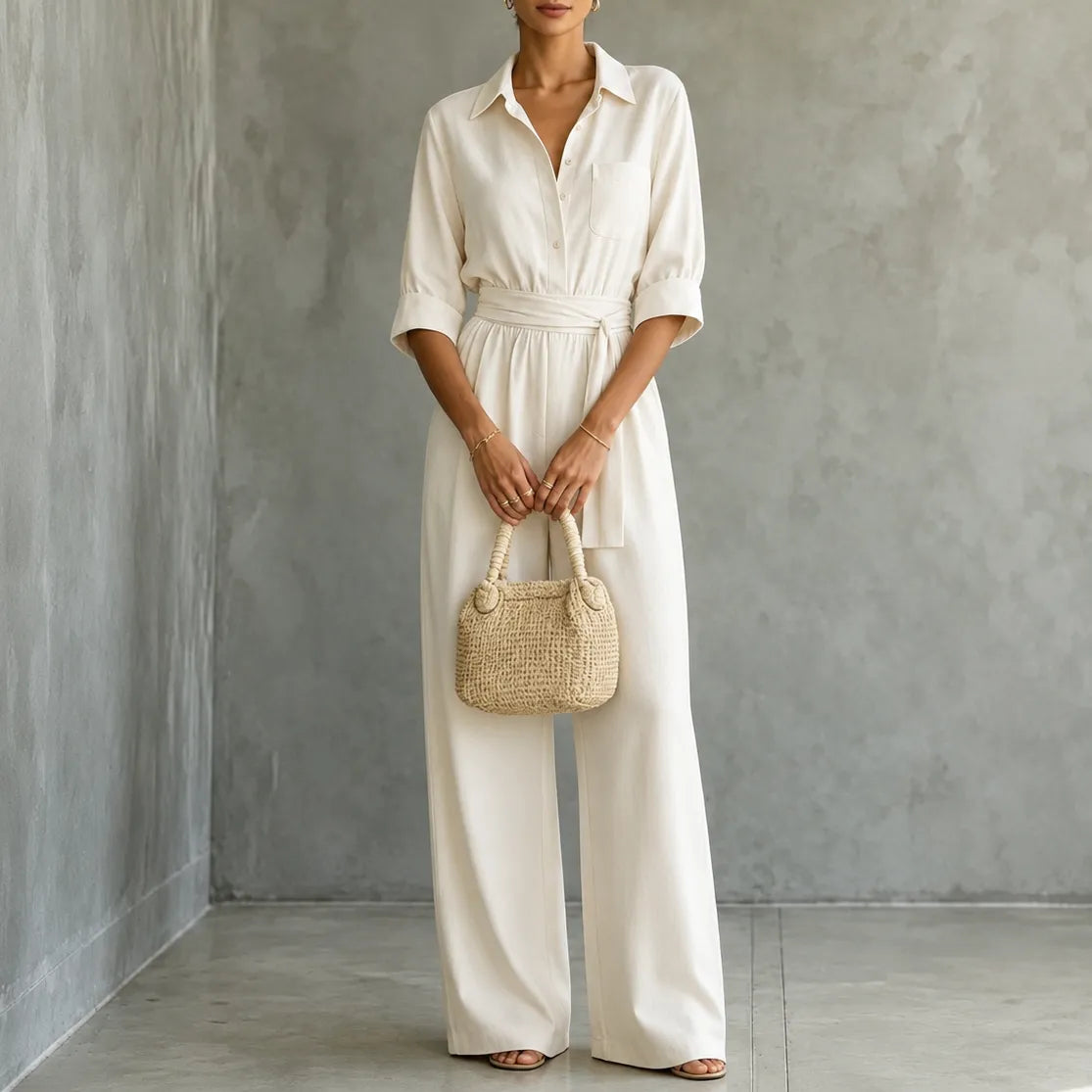 Solene – Hemd-Jumpsuit mit weitem Bein, Gürtel und Bindegürtel in der Taille