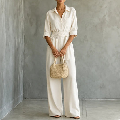Solene – Hemd-Jumpsuit mit weitem Bein, Gürtel und Bindegürtel in der Taille