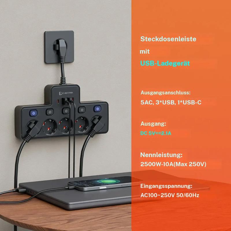 VoltKraft™ 9-in-1 Steckdosenleiste mit USB-C – Schluss mit Kabelchaos